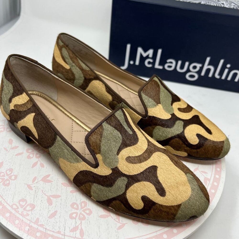J. MCLAUGHLIN Loafers 6 Khaki Brown Regiment Camo Cow Hair Leather Shoes Flats‎